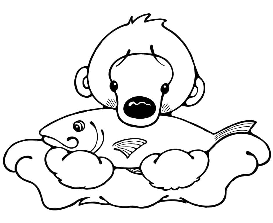 Coloriage Bébé ours polaire et poisson à imprimer