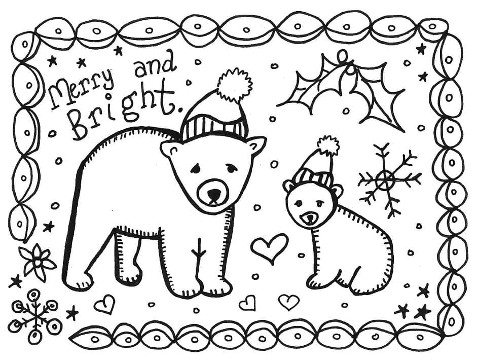 Coloriage Carte de Noël avec des ours polaires