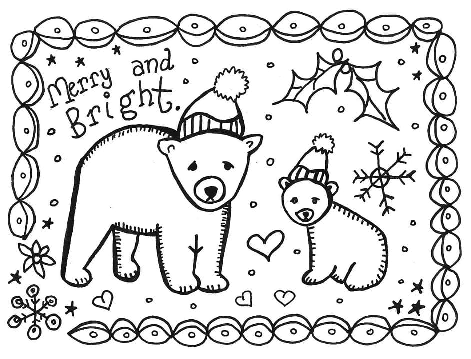 Coloriage Carte de Noël avec des ours polaires à imprimer