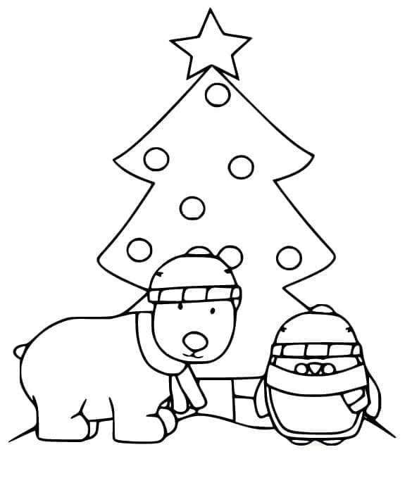 Coloriage Ours polaire et pingouin à Noël à imprimer