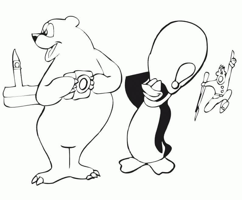 Coloriage Ours polaire et pingouin de dessin animé à imprimer