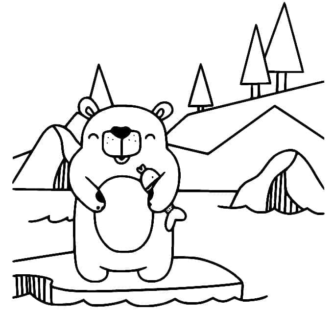 Coloriage Ours polaire mignon avec un poisson