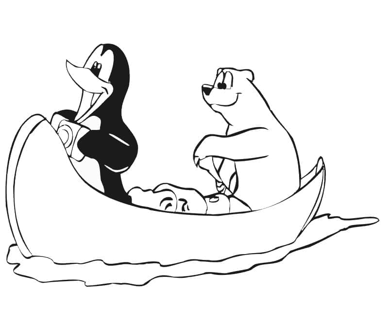 Coloriage Pingouin et ours polaire sur un bateau