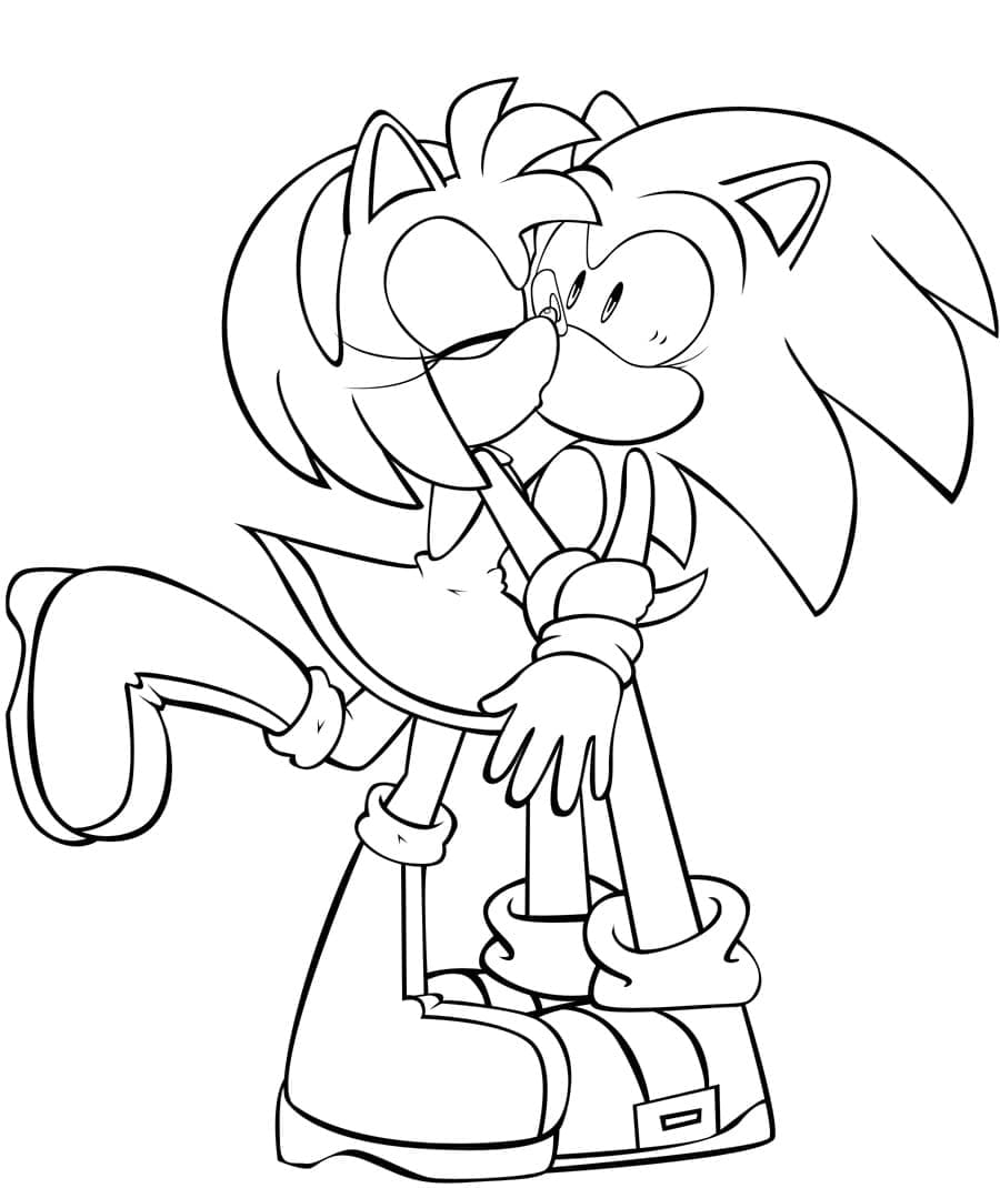 Coloriage Amy Rose Embrasse Sonic à imprimer