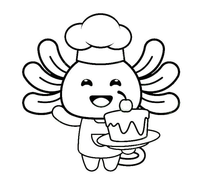 Coloriage Axolotl Mignon Avec Un Gâteau à imprimer