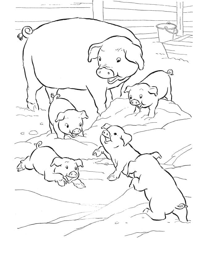 Coloriage Mère Avec Des Bébés Cochons à imprimer