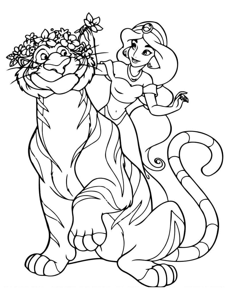 Coloriage Princesse Jasmine Et Tigre Rajah à imprimer