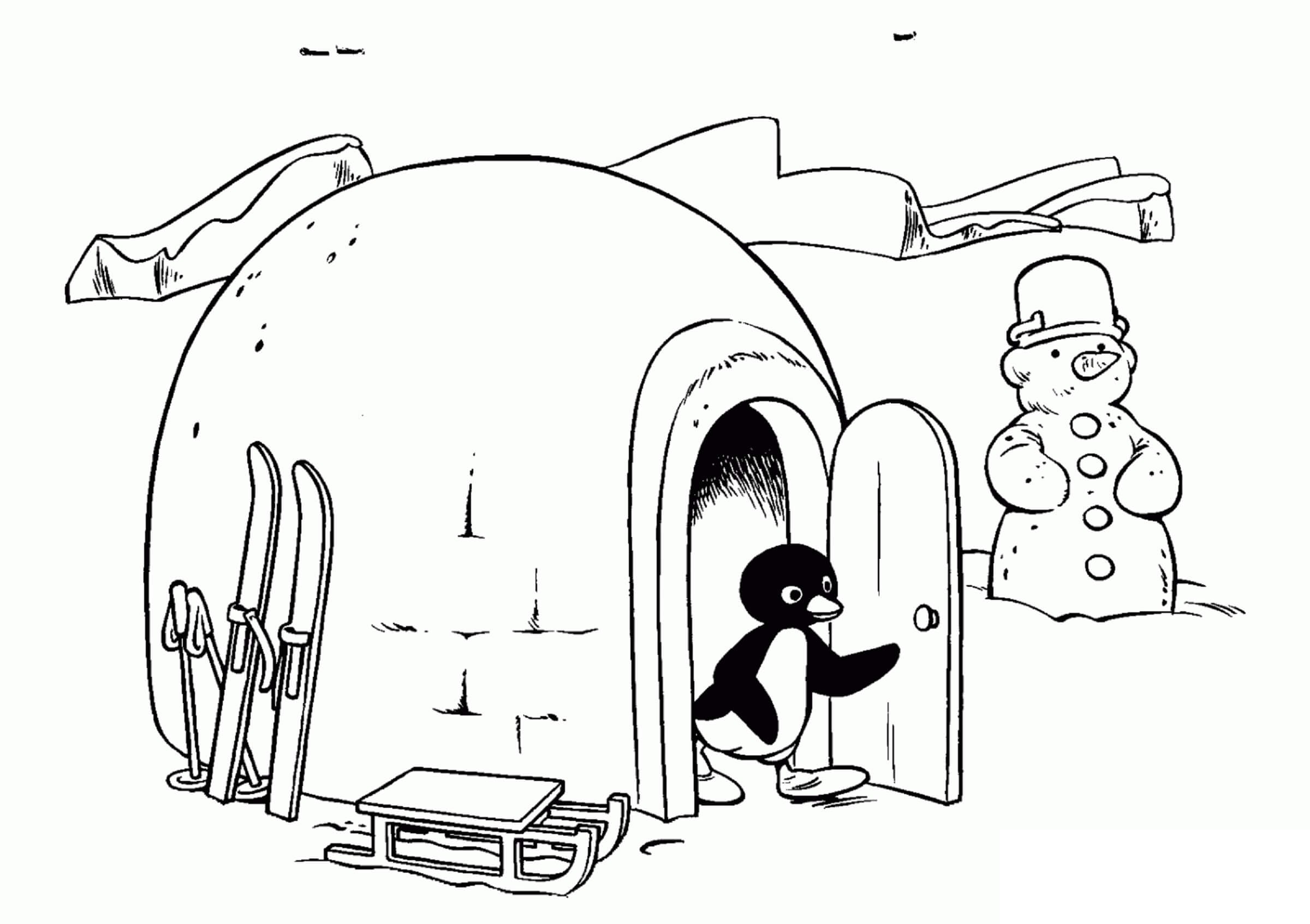 Coloriage Bonhomme de neige construit côté igloo à imprimer