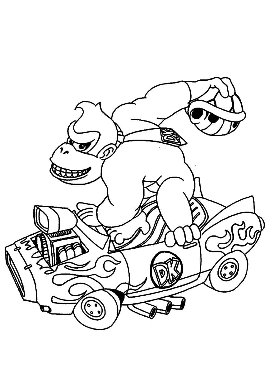 Coloriage Dessin Donkey Kong conduisant une voiture à imprimer