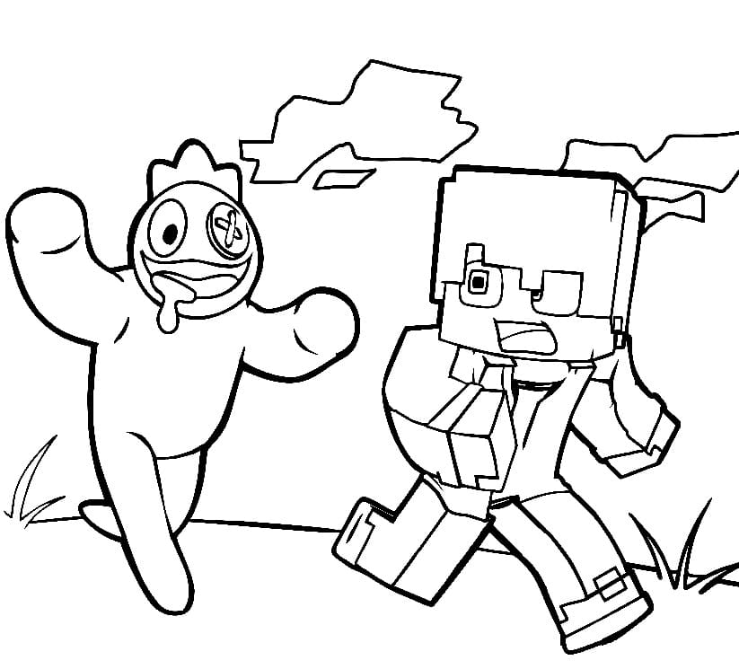 Coloriage Dessine Blue Rainbow Friend et Minecraft à imprimer