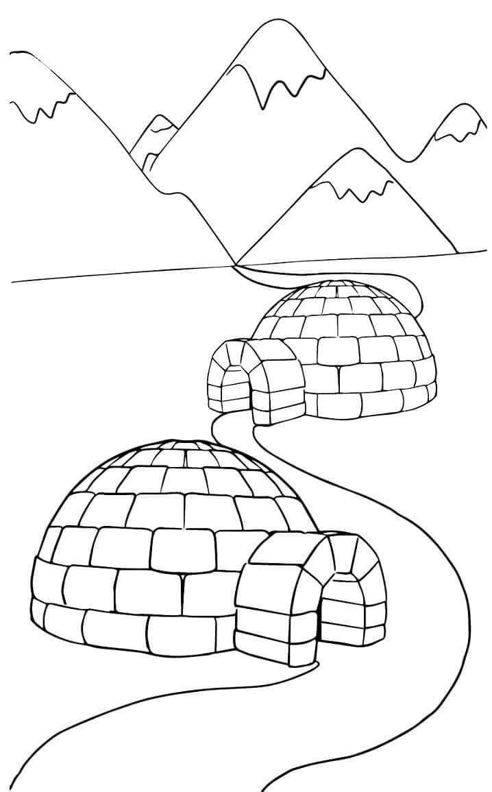 Coloriage Deux igloos et des montagnes à imprimer