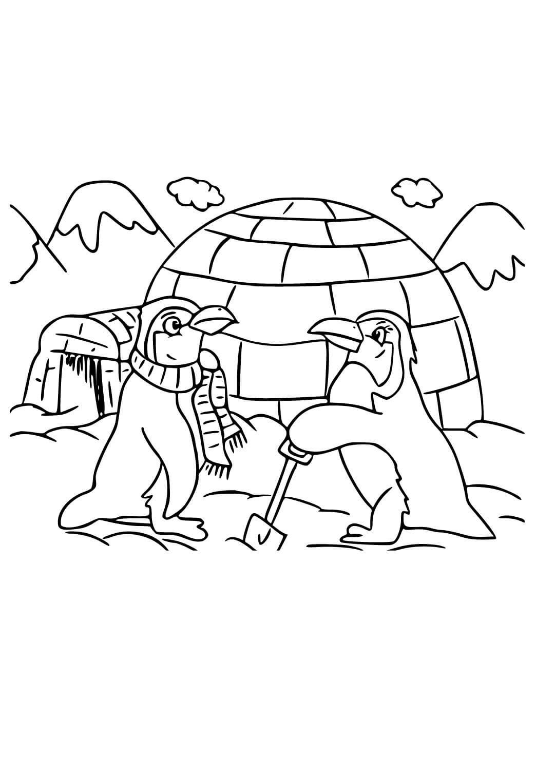 Coloriage Deux pingouins avec un igloo