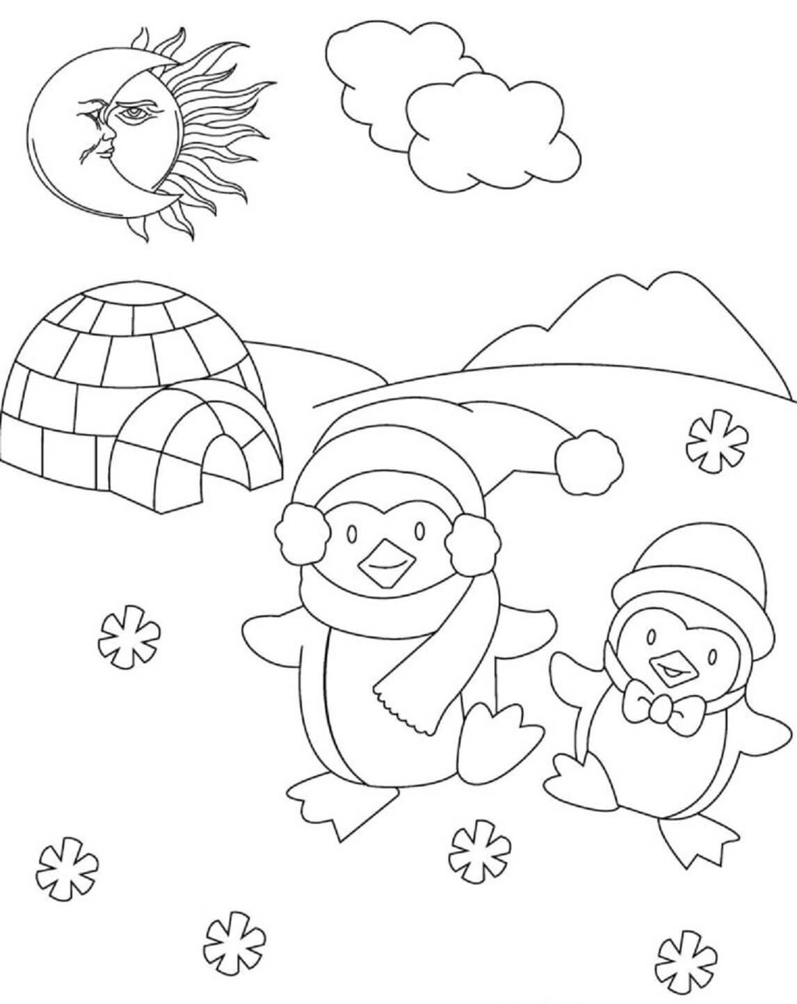 Coloriage Deux pingouins heureux avec un igloo à imprimer