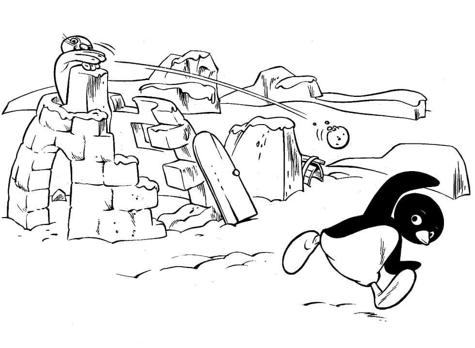 Coloriage Deux pingouins s’ébattent autour de igloo à imprimer