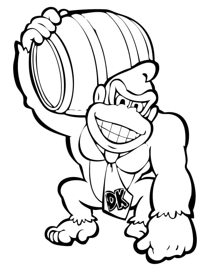 Coloriage Donkey Kong de Super Mario porte un tonneau