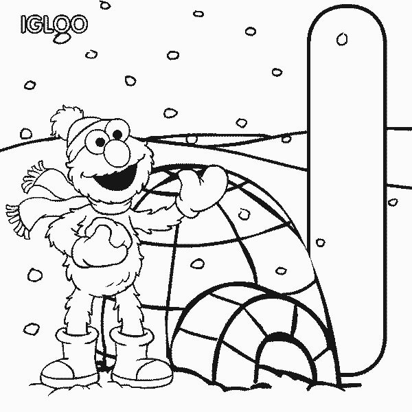 Coloriage Elmo fabrique un igloo à imprimer