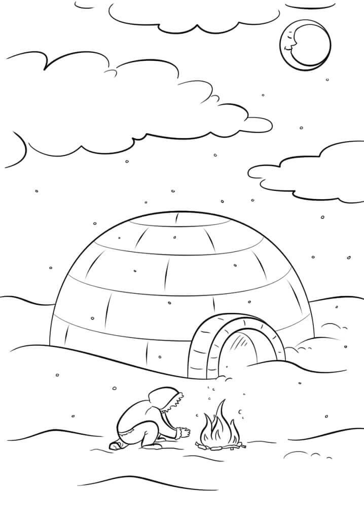 Coloriage Feu brûle devant igloo à imprimer