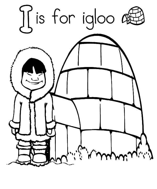 Coloriage Garçon debout à côté igloo