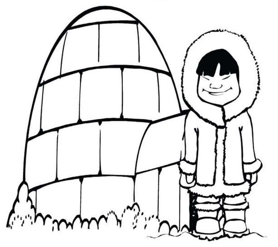 Coloriage Garçon souriant avec un igloo