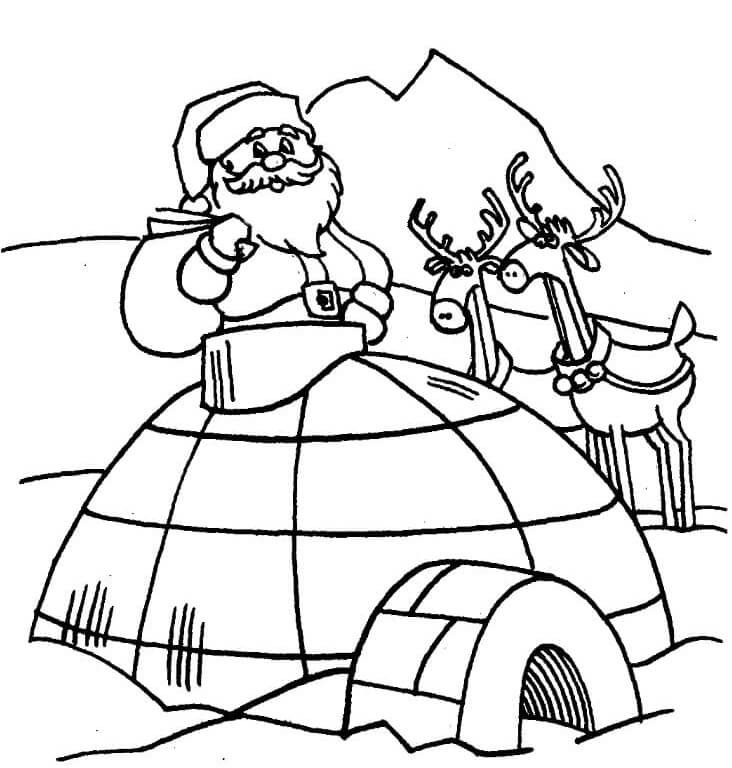 Coloriage Le Père Noël et deux rennes sont dans igloo à imprimer