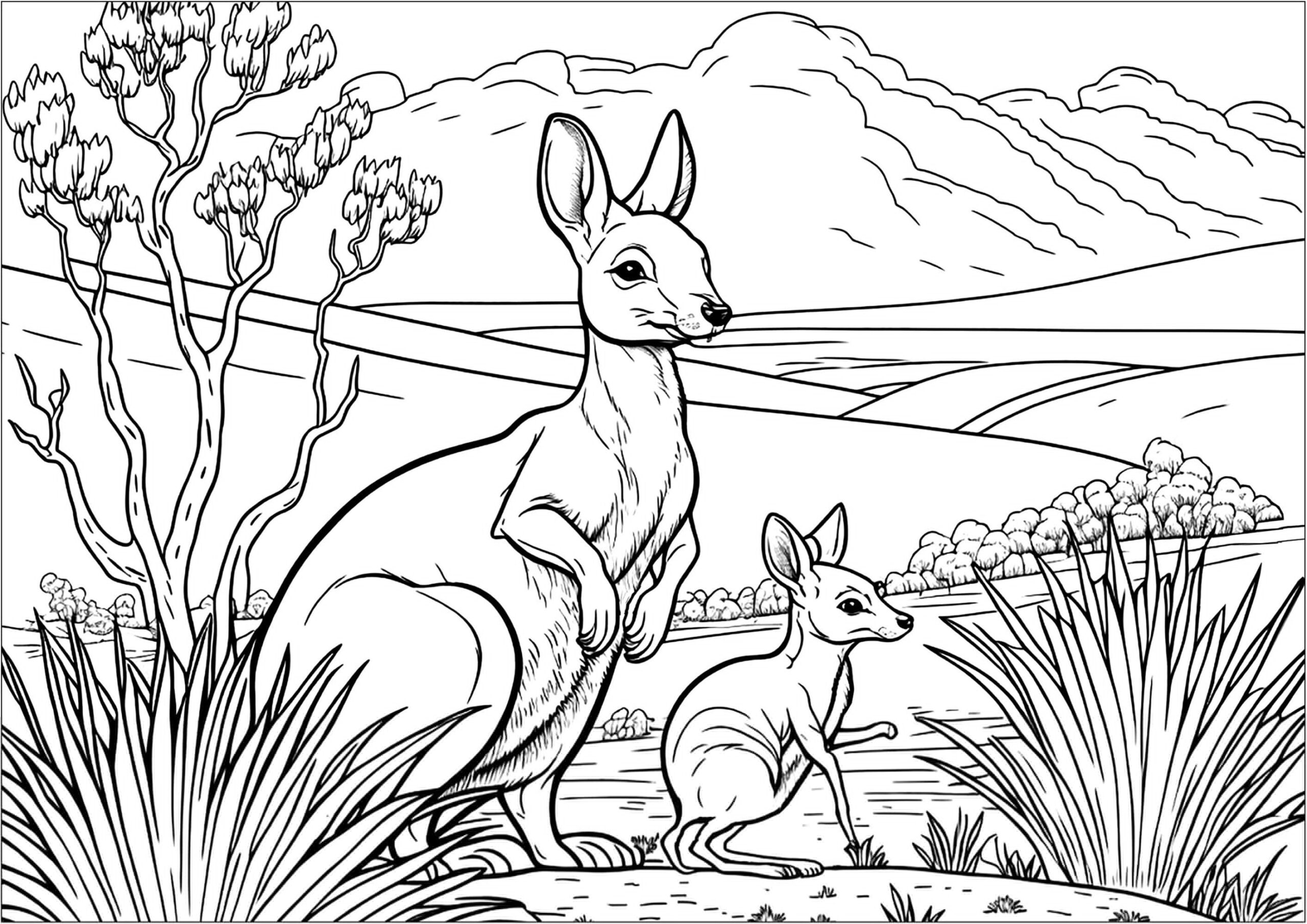 Coloriage Maman et bébé kangourou à imprimer