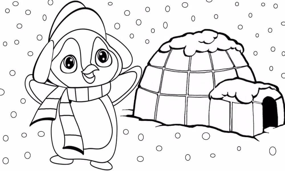 Coloriage Pingouin et igloo de dessin animé à imprimer