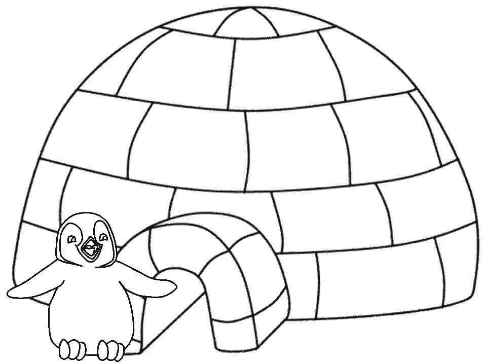 Coloriage Pingouins heureux près igloo à imprimer