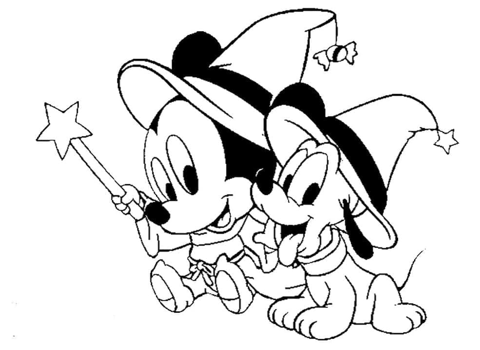 Coloriage Bébé Mickey et Pluto Disney Halloween à imprimer