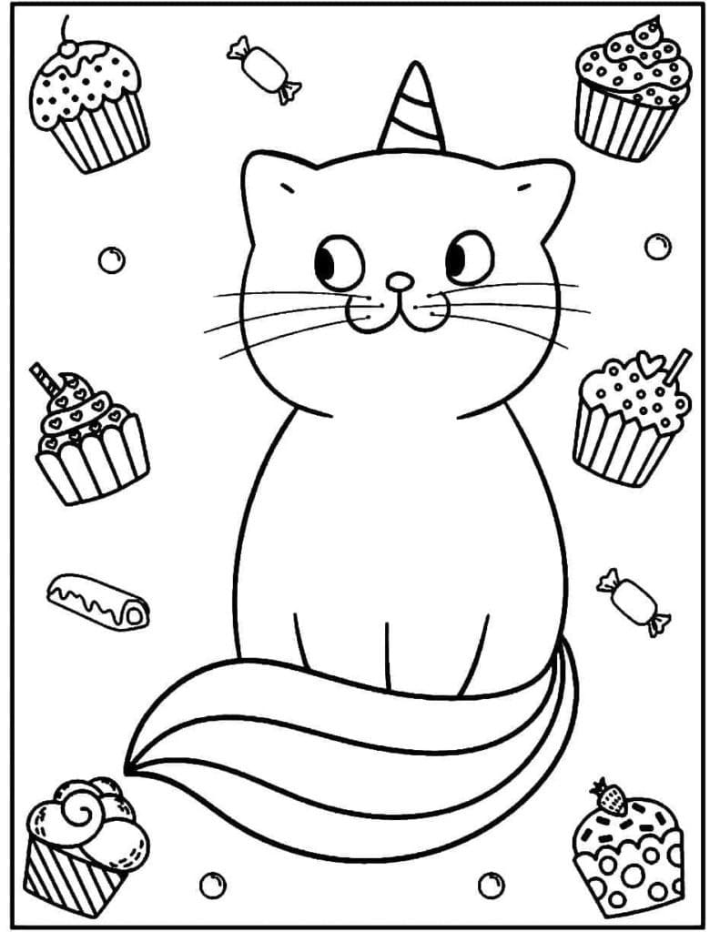 Coloriage Bonbons Licorne Chat à imprimer