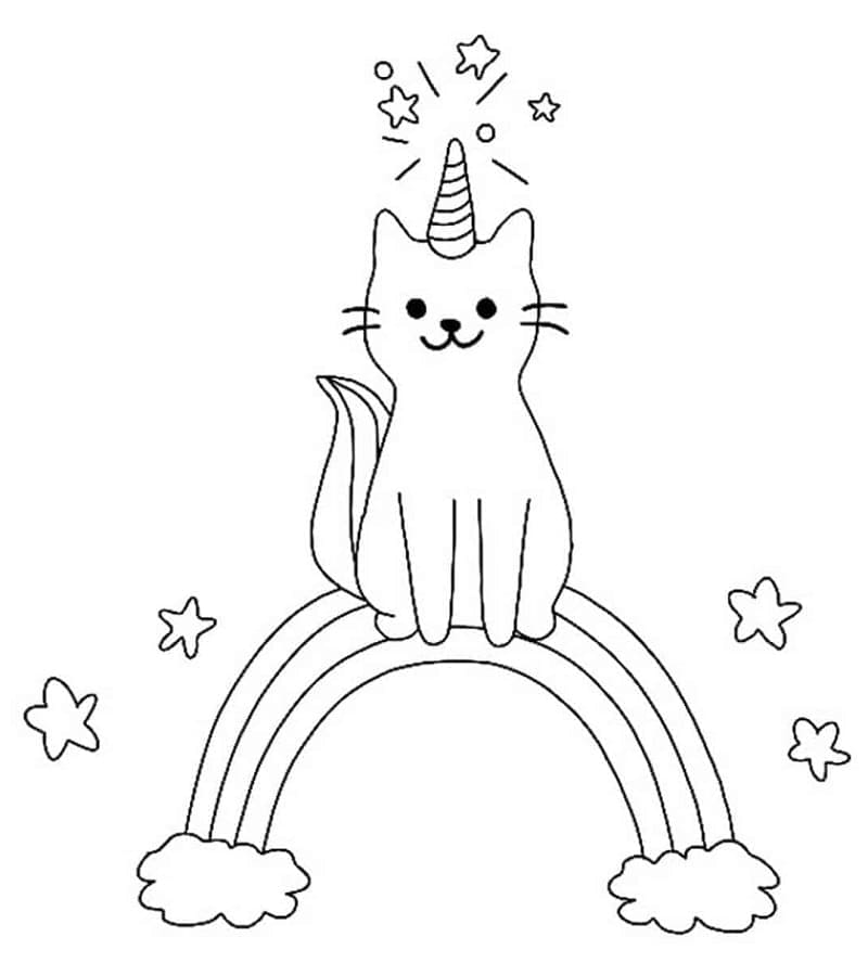 Coloriage Chat Licorne et Arc en ciel