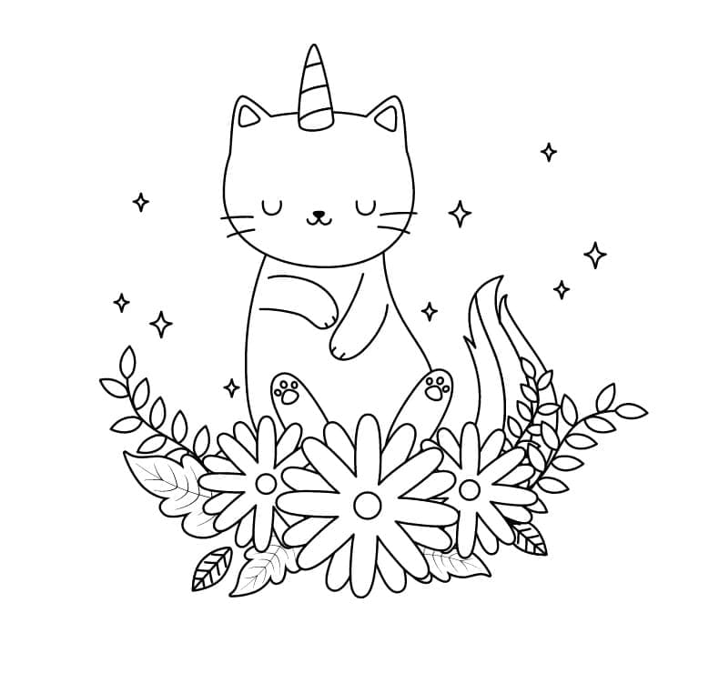 Coloriage Chat Licorne et Fleurs à imprimer