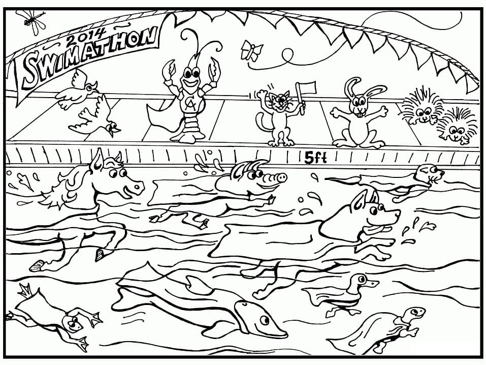 Coloriage Course d’animaux dans la piscine à imprimer