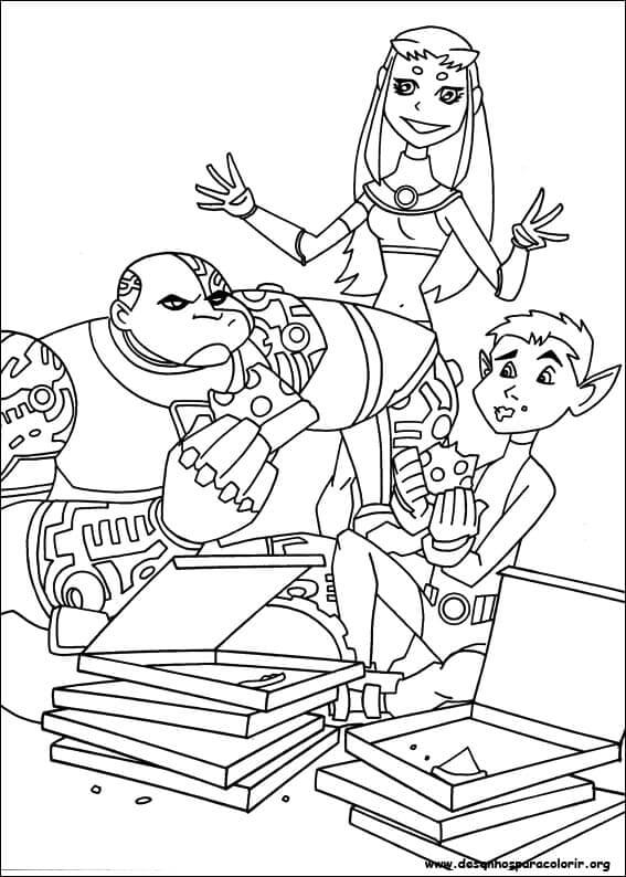 Coloriage Cyborg et ses amis mangent une pizza