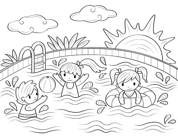 Coloriage Dessiner des enfants et une piscine à imprimer