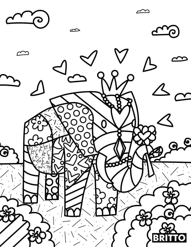 Coloriage Éléphant portant une couronne par Romero Britto à imprimer