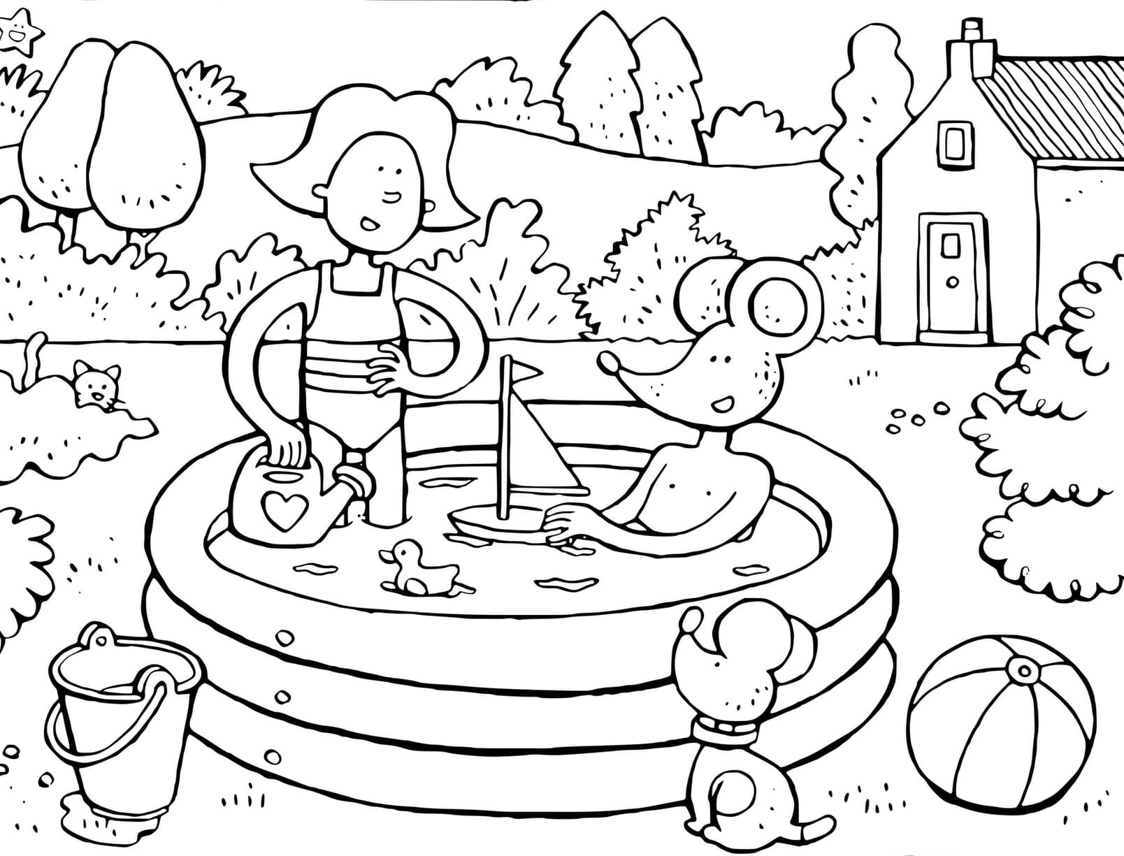 Coloriage Emma et louis jouent dans la piscine à imprimer