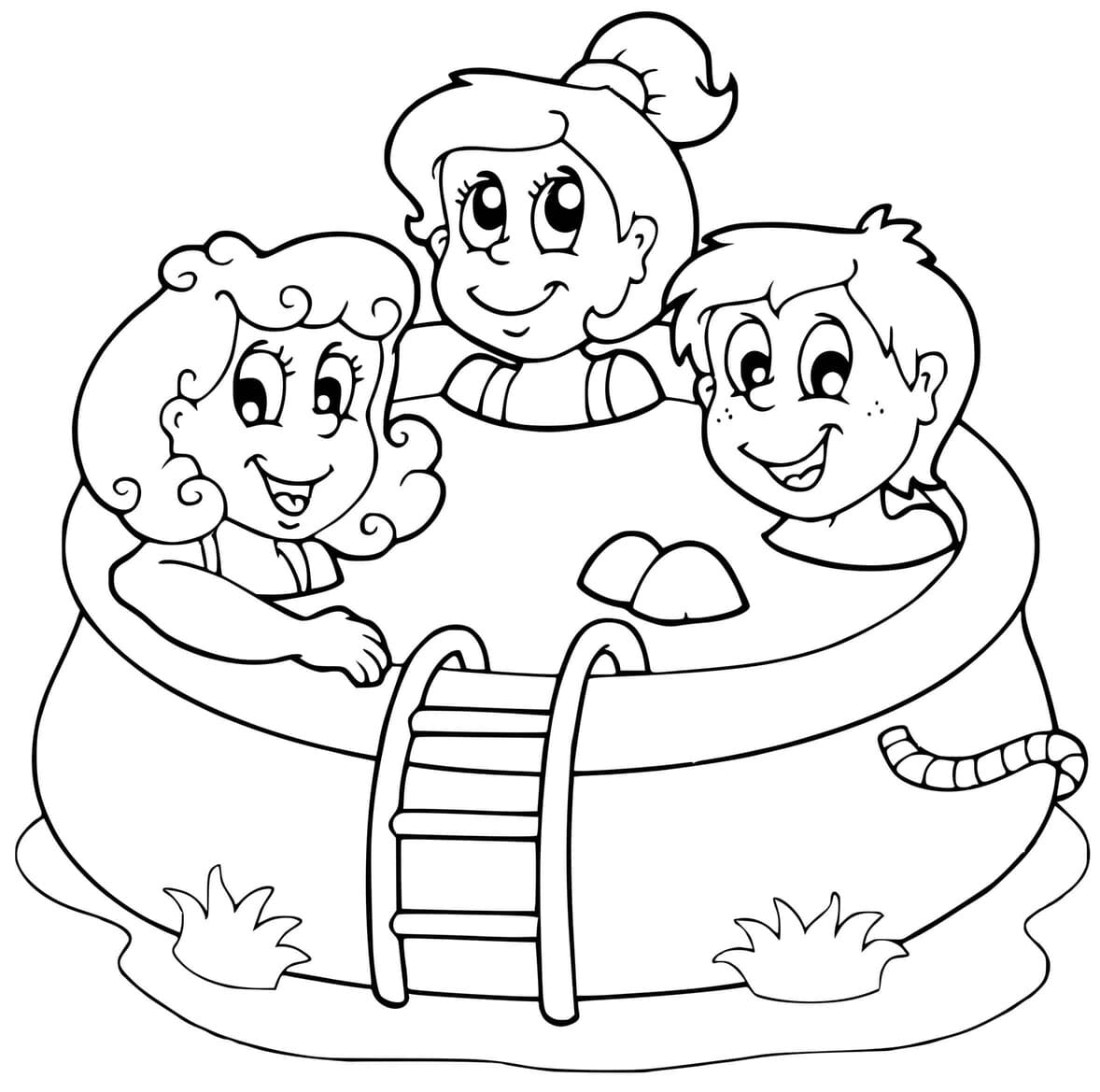 Coloriage enfants dans la piscine pour les vacances ete