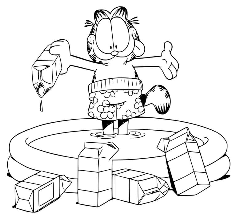 Coloriage garfield fait une piscine remplie de lait à imprimer