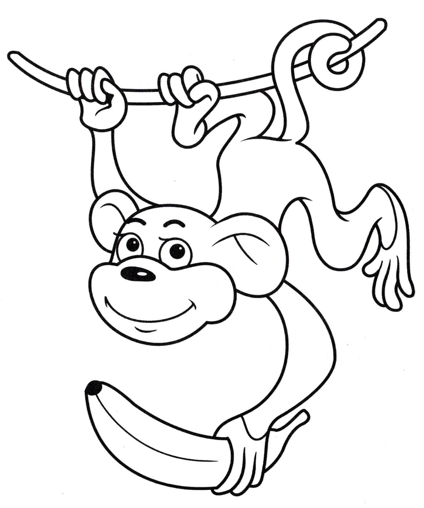 Coloriage Le singe tient une banane et une corde d’escalade à imprimer