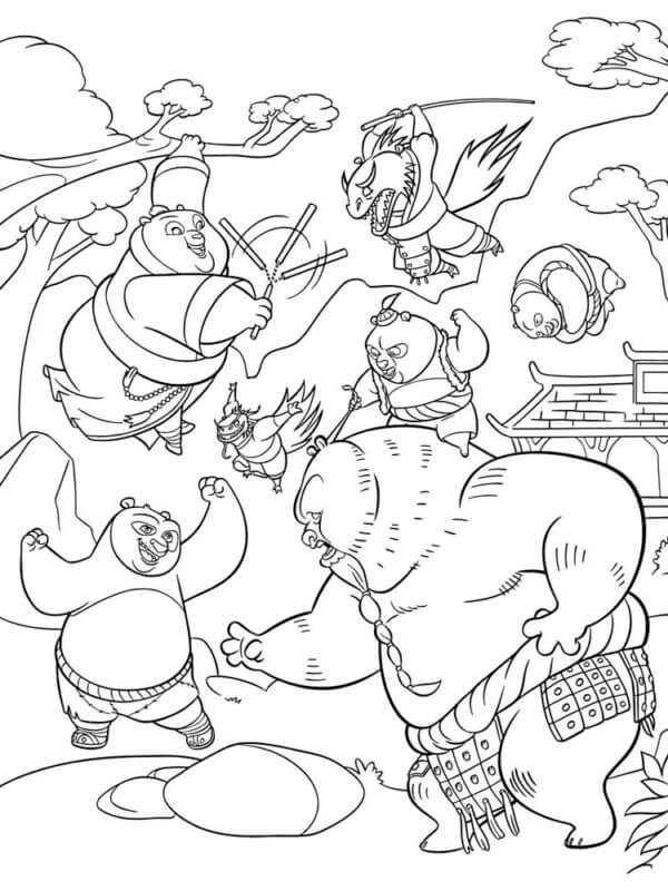 Coloriage Les maîtres du Kung Fu en un seul combat