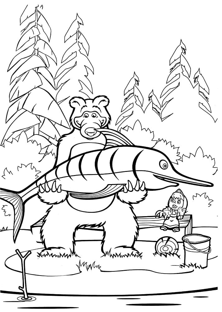 Coloriage Masha et Michka et le gros poisson à imprimer