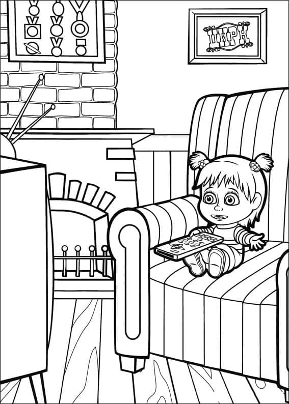 Coloriage Masha regarde la télé à imprimer