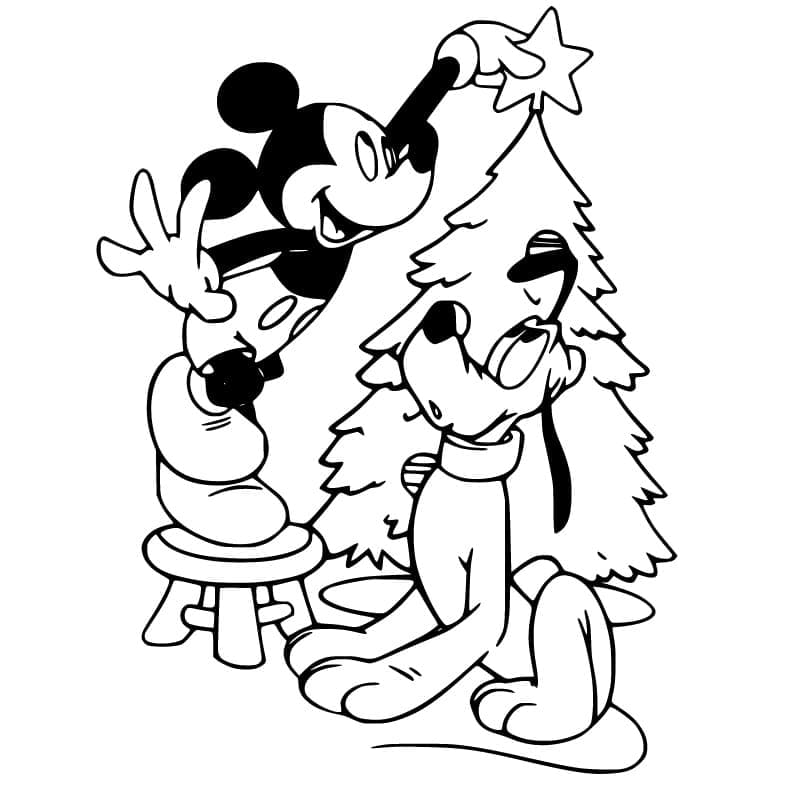 Coloriage Mickey et Pluto décorent le sapin de Noël à imprimer