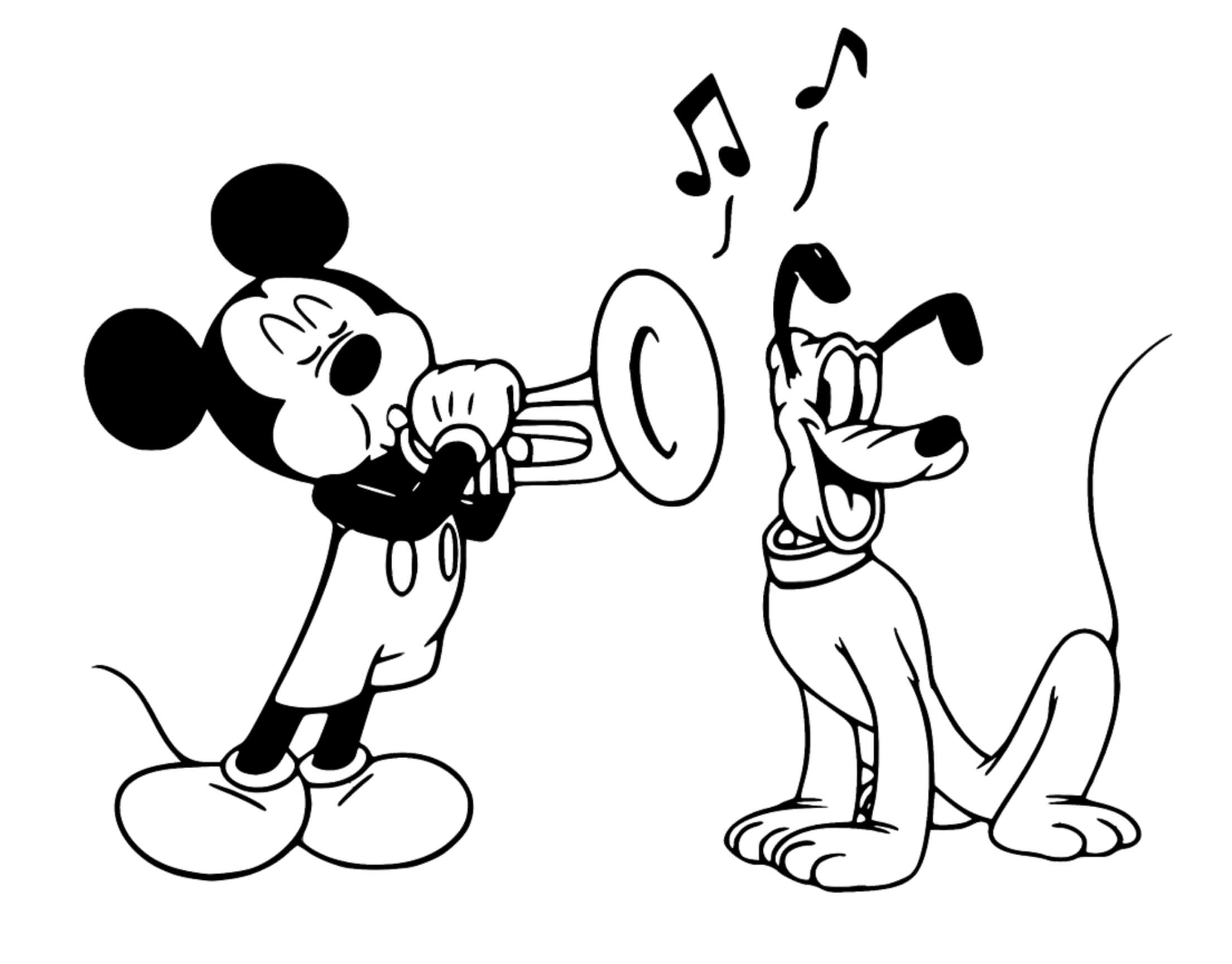 Coloriage Mickey joue de la trompette avec Pluton