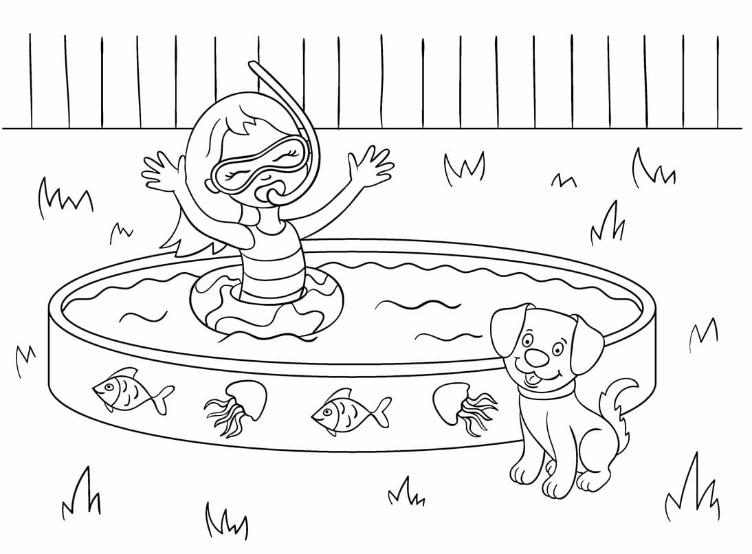 Coloriage Petite fille dans la piscine avec un chien à imprimer