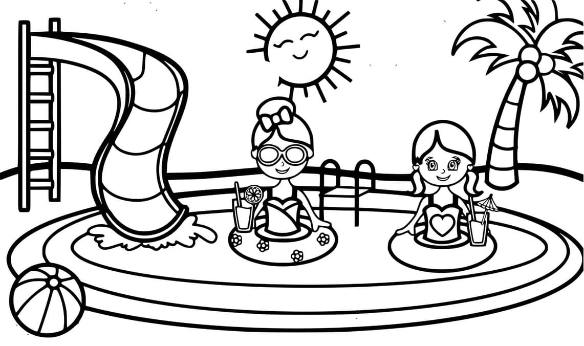 Coloriage Piscine pour les vacances entre filles à imprimer