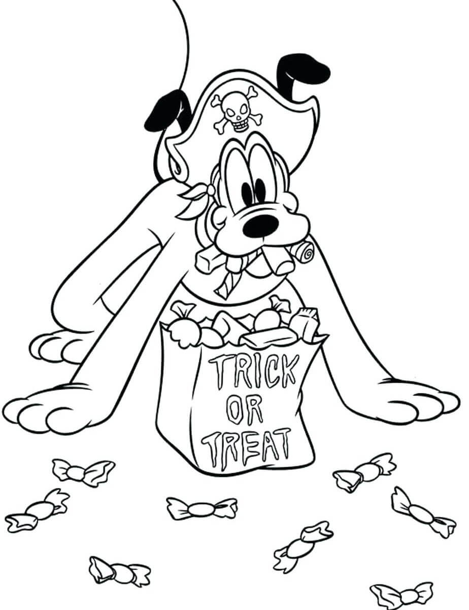 Coloriage Pluto en costume de pirate et sac de bonbons