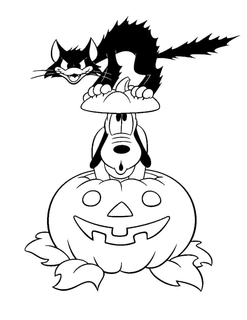 Coloriage Pluto et le chat noir Disney Halloween