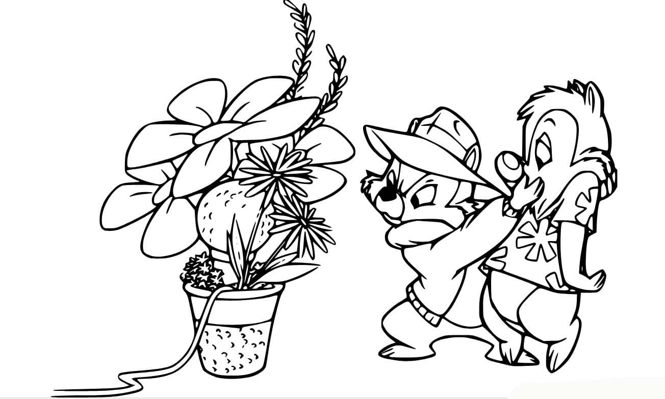 Coloriage Tic et Tac avec un pot de fleurs à imprimer