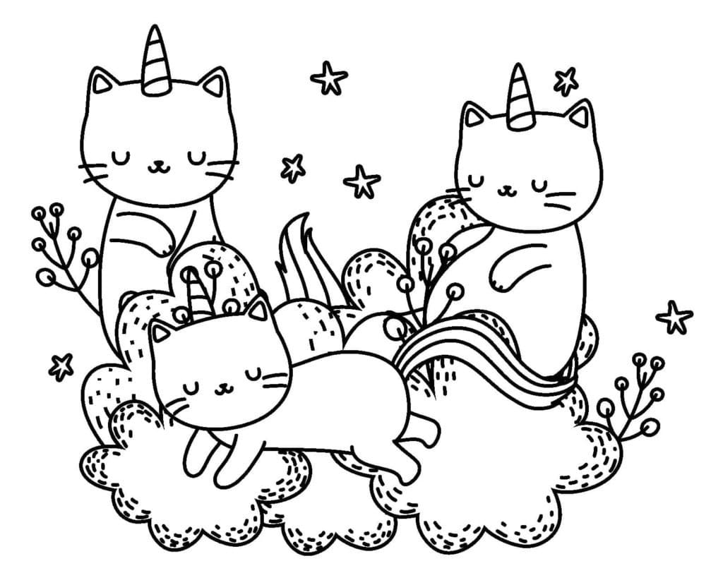 Coloriage Trois chats licornes à imprimer